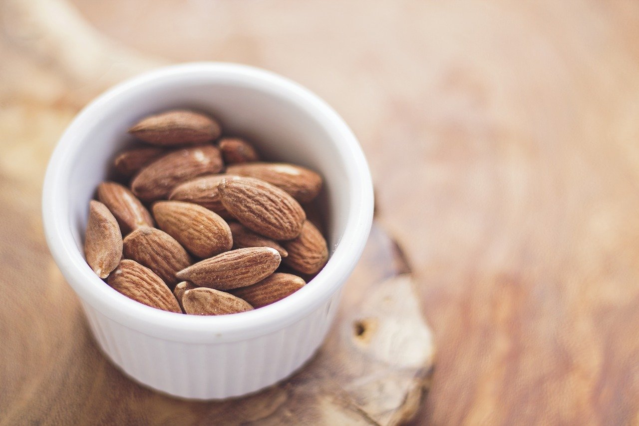 almonds, bowl, ramekin